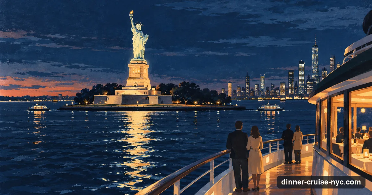 Illustration: the Statue of Liberty lit at night, seen from the deck of a dinner-cruise boat