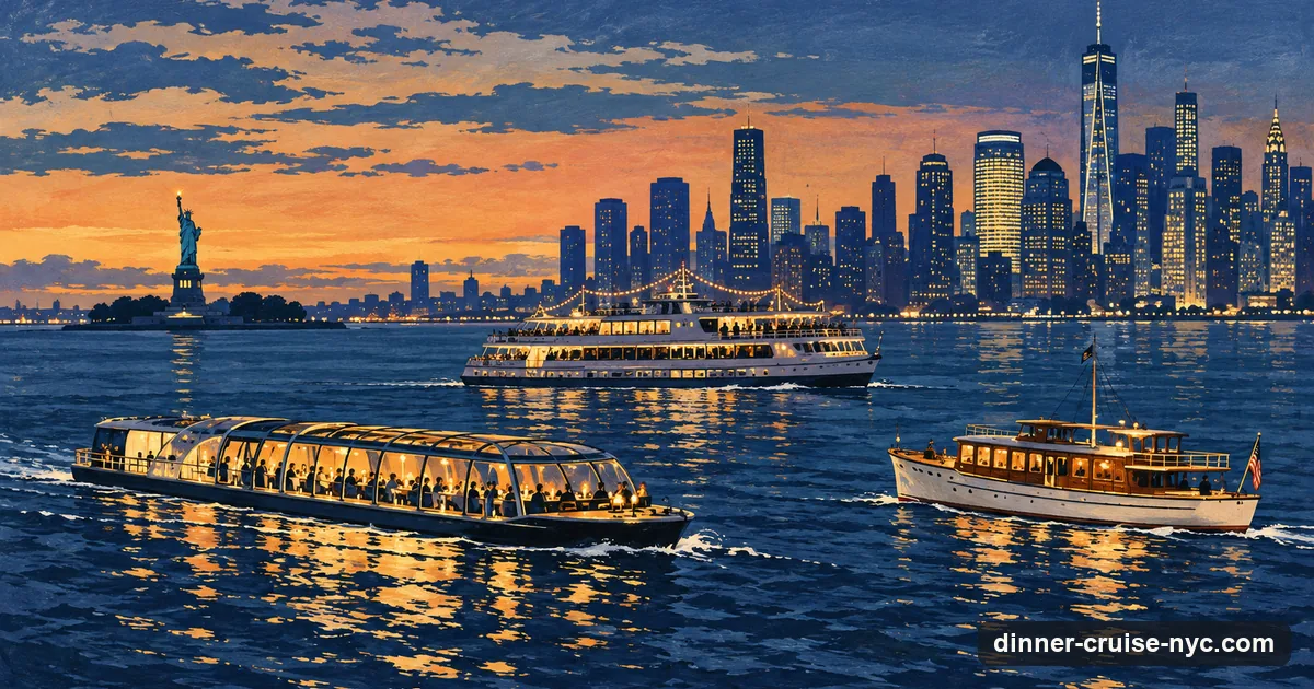 Illustration: a glass-roofed dining boat, a large party boat and a classic wooden yacht on New York Harbor at dusk