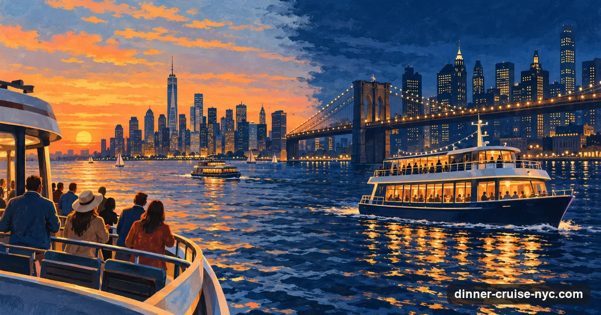 Illustration: a sightseeing boat at sunset beside a lit dinner-cruise boat after dark, with the Brooklyn Bridge behind