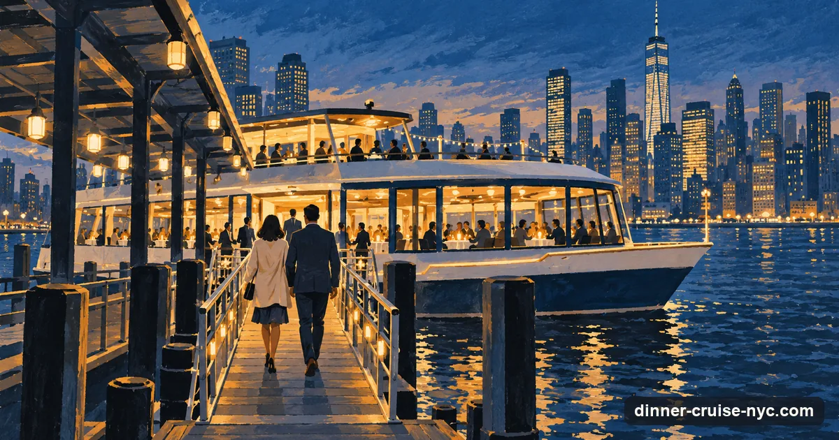 Illustration: a couple in evening clothes walking up the gangway of a lit dinner-cruise boat at a Manhattan pier