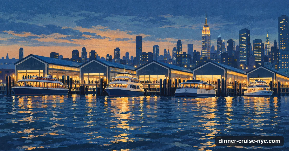 Illustration: Hudson River piers in Manhattan at early evening with a cruise boat moored at each
