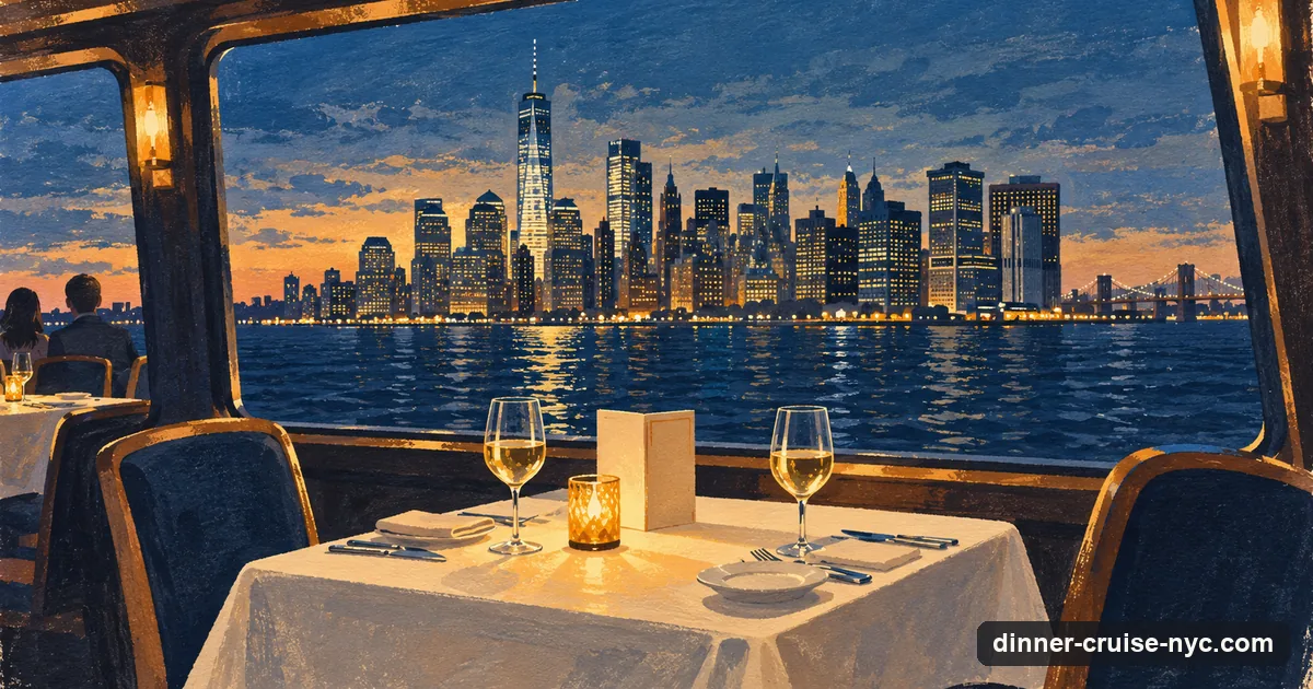 Illustration: a dinner table for two by the window of a cruise boat, with the lower-Manhattan skyline outside
